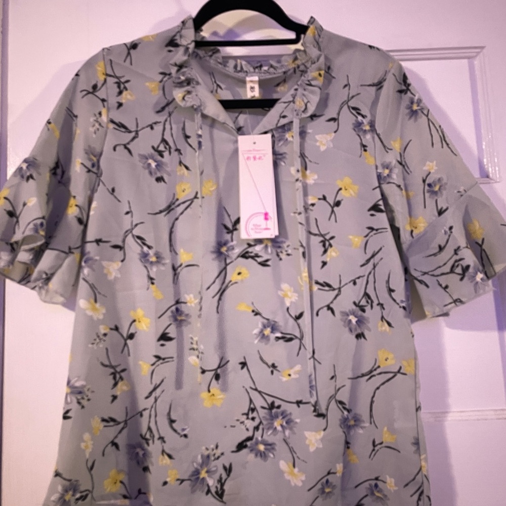 Floral Ruffle Sleeve Top - Gray and Yellow